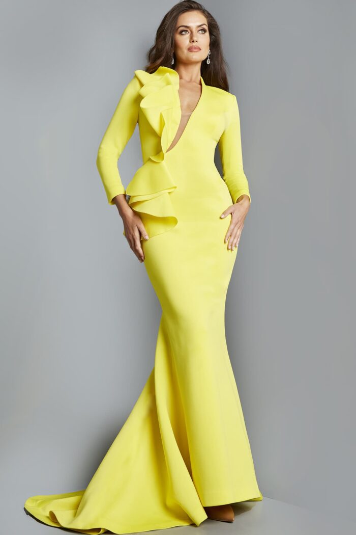 Full-length front view of model in Jovani 07934 yellow gown