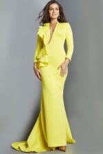 Model showcasing Jovani 07934 yellow gown with deep V-neckline, front view