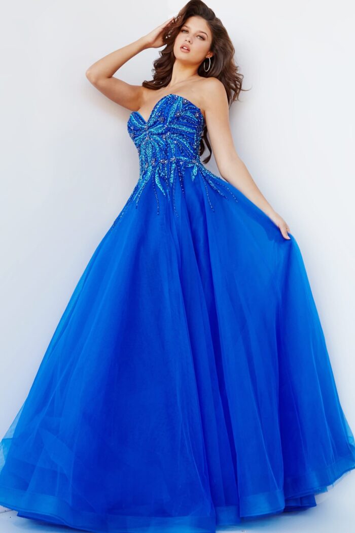 Rear view of Jovani 07946 royal gown highlighting elegant tulle layers