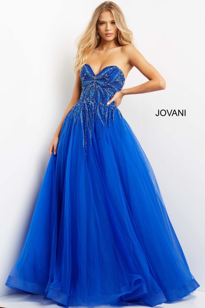 Model wearing Jovani 07946 royal blue ball gown with sweetheart neckline