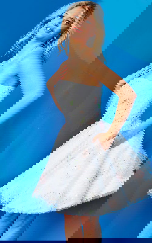 model wearing K07967 floral back detail dress