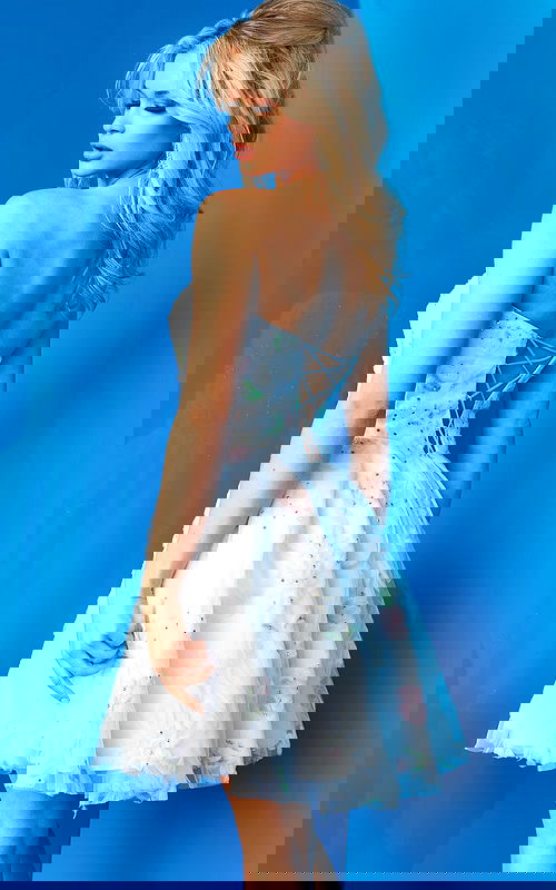 model wearing K07967 front view floral dress