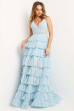 Model wearing Jovani 07998 sky blue gown with tiered skirt and V-neckline from the front view.