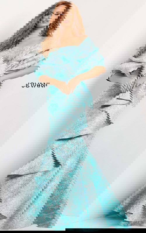 Model wearing Jovani 08093 gown with mermaid silhouette and ruffle details in blue multi-color from the front.