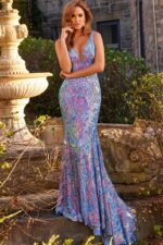 Elegant front view of Jovani 08099 gown with intricate detailing.