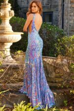 Front-focused image of Jovani 08099 mermaid gown on model.