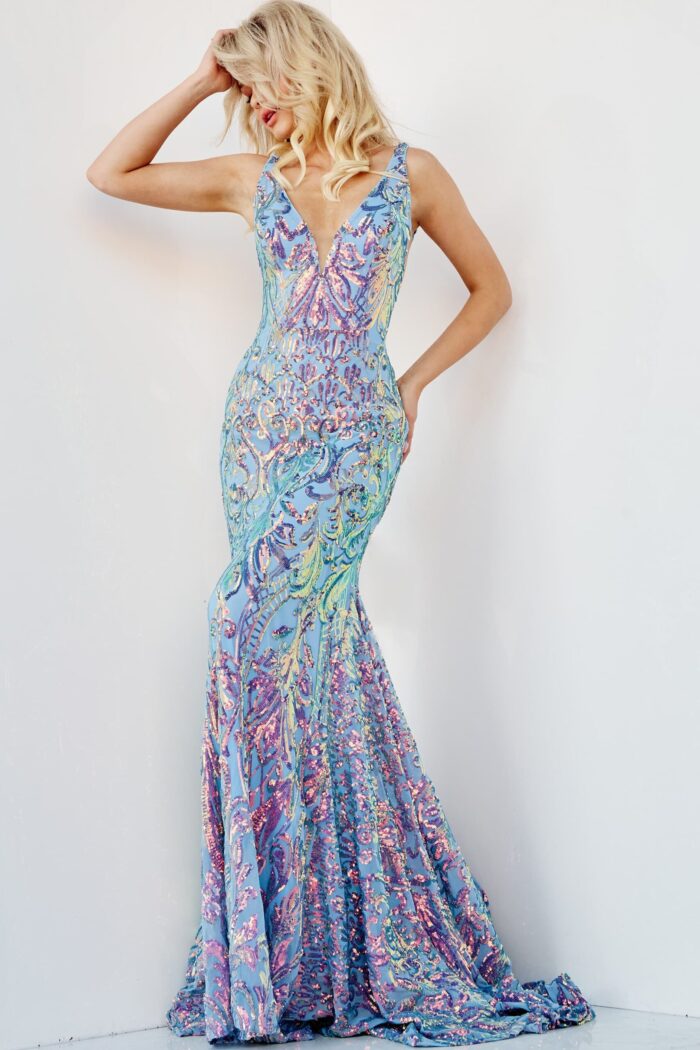Back view of Jovani 08099 dress, highlighting the low scoop and fit.