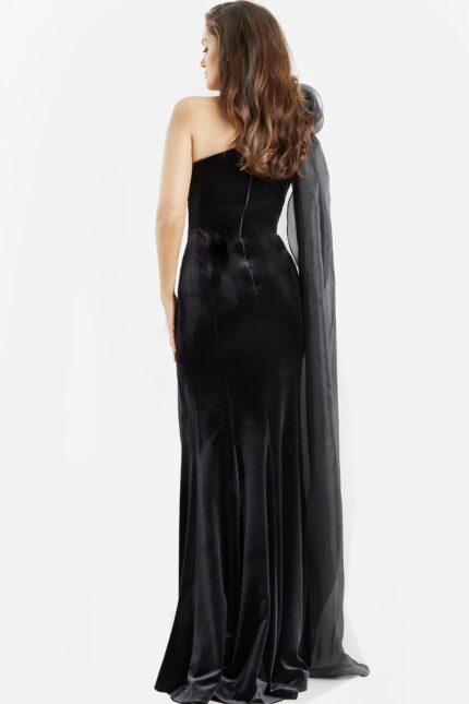 Back view of Jovani 08116 gown, displaying the elegant flow and slight train.