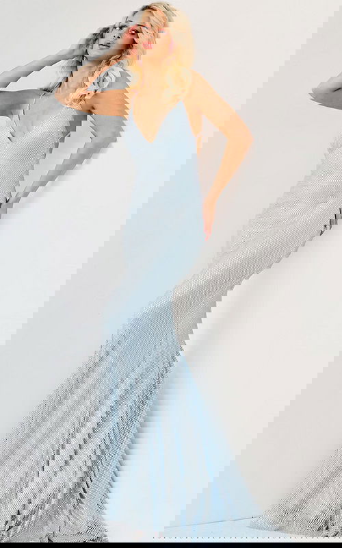 Model wearing Jovani 08139 light blue gown with V-neckline from the front view.