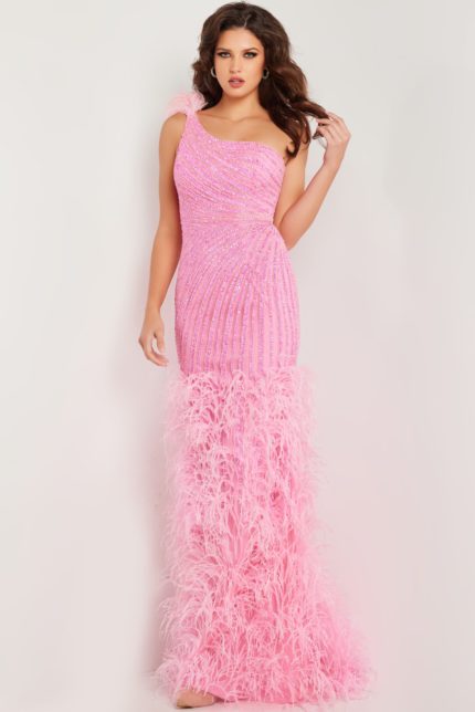 Model wearing Jovani 08200 pink gown with asymmetric neckline and feathered skirt, front view.