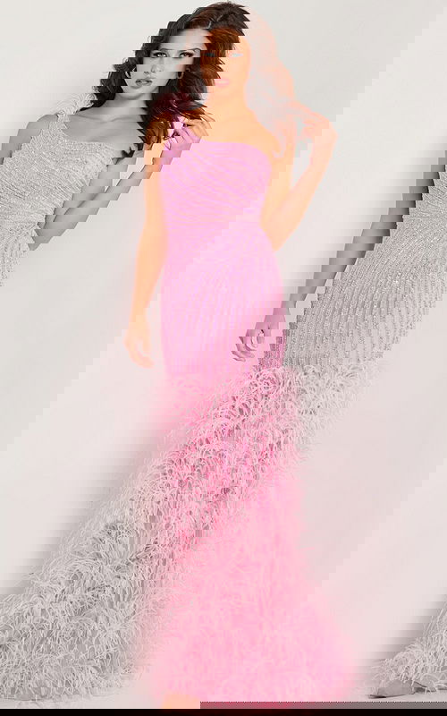 Model wearing Jovani 08200 pink gown with asymmetric neckline and feathered skirt, front view.