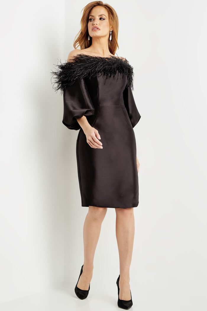 Front view of model wearing Jovani 08211 black dress