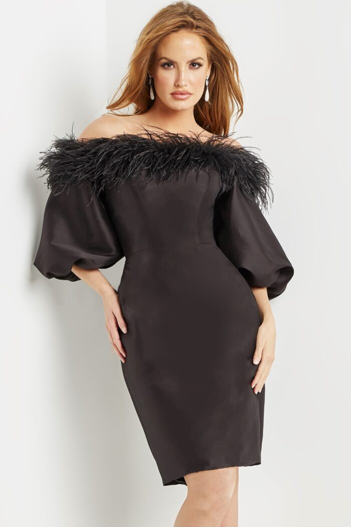 Model in Jovani 08211 black dress showcasing feather detail