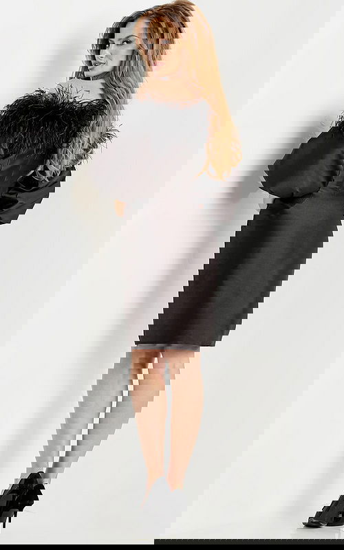 Back view of Jovani 08211 black dress with feather detail