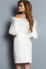 Back view of Jovani 08211 white dress with feather detail