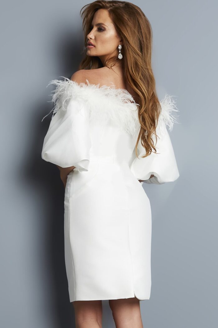 Back view of Jovani 08211 white dress with feather detail