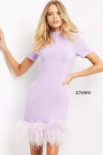 model wearing Jovani 08253 in lilac with feathered hem
