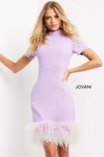 model wearing Jovani 08253 in lilac showing elegant neckline