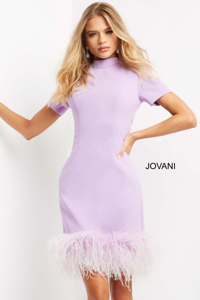 model wearing Jovani 08253 in lilac showing elegant neckline