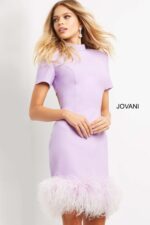model wearing Jovani 08253 in lilac, side view showcasing silhouette