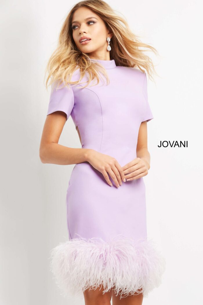 model wearing Jovani 08253 in lilac, side view showcasing silhouette