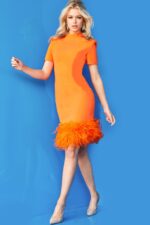 model wearing Jovani 08253 in orange with feathered hem