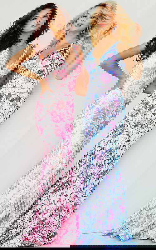 Models wearing Jovani dress 08257 with vibrant prints