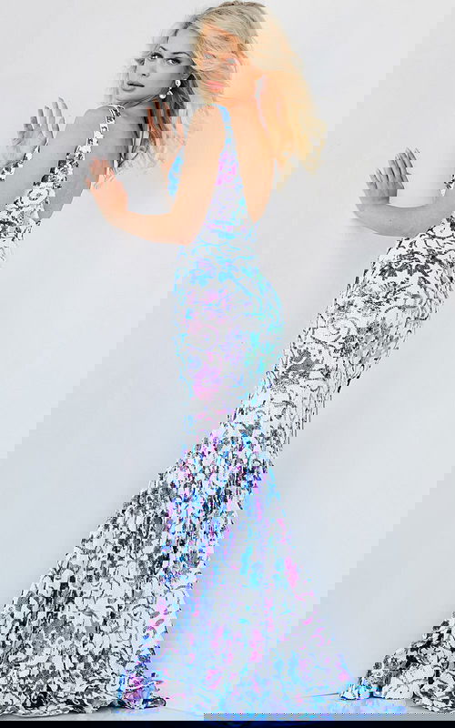 Model showcasing back of Jovani dress 08257 in floral print