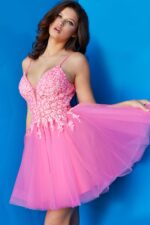 Model showcasing Jovani 08273 hot pink dress flowing skirt.