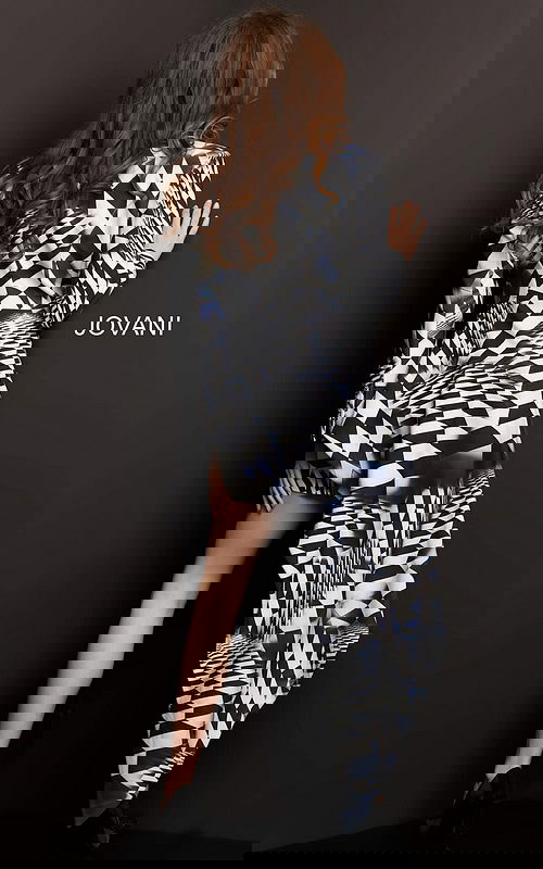 Model wearing Jovani 08343 back view, geometric print dress with asymmetrical hem