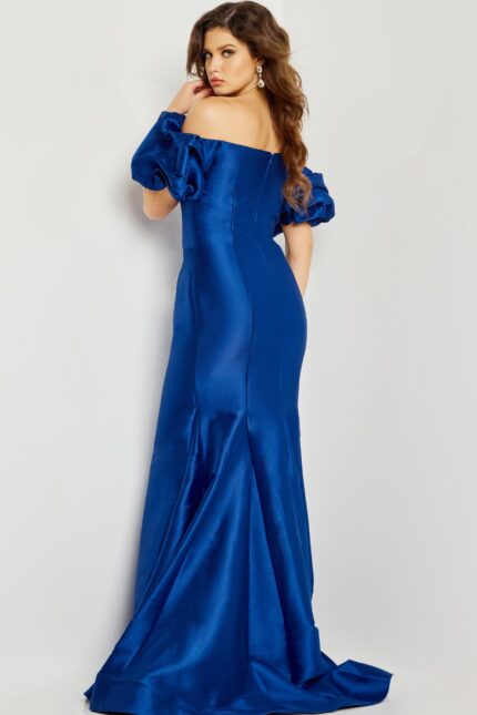 Back view of model in Jovani 08361 indigo mermaid gown.