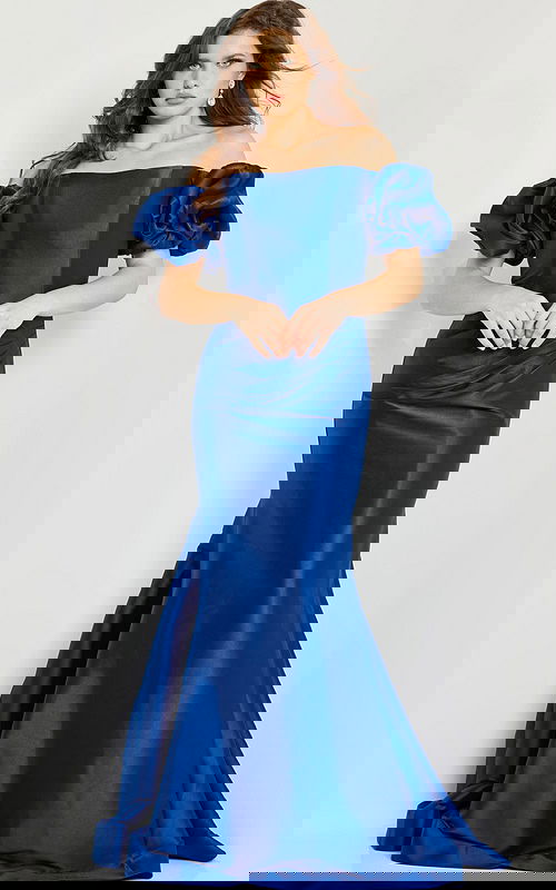 Model wearing Jovani 08361 blue mermaid gown with off-shoulder puff sleeves.