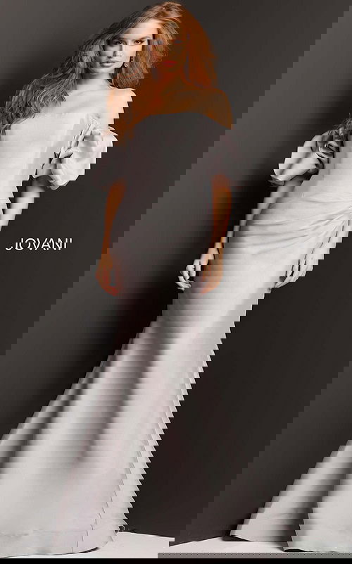 Model wearing Jovani 08361 gown with off-shoulder neckline and puff sleeves, front view.