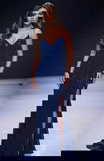 navy satin high slit dress 08400