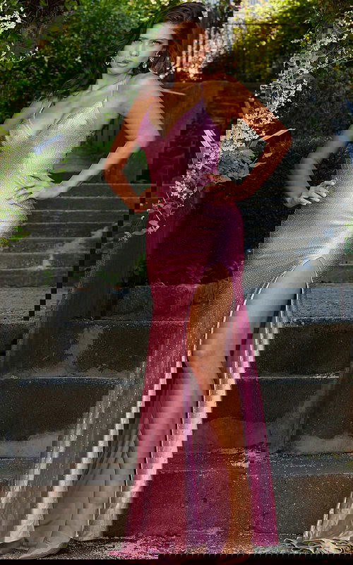 Full view of Jovani 08400 blush gown with V-neckline.