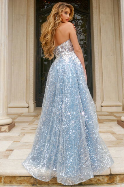 Model wearing Jovani 08417 blue dress back view
