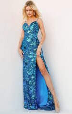 Front view of Jovani 08459 royal sequin gown