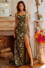Front view of Jovani 08459 royal sequin adorned gown