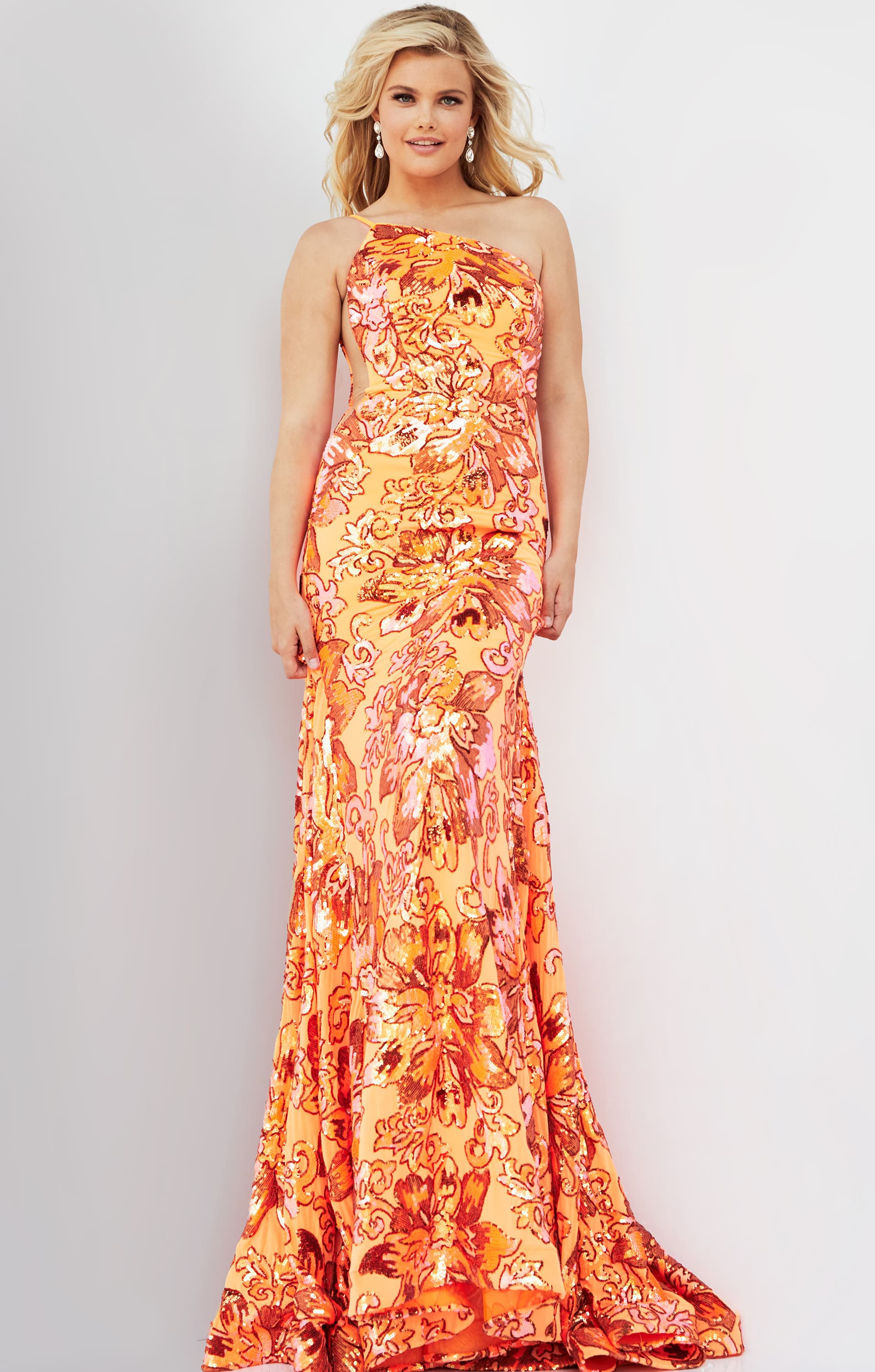 08460-204.jpg Model wearing Jovani 08460 single-shoulder orange mermaid gown front view