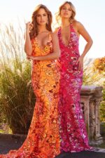 Model wearing Jovani 08462 Pink V Neck Tie Back Sheath Dress