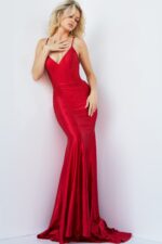 Model wearing Jovani 23010 red dress with V-neckline and mermaid silhouette