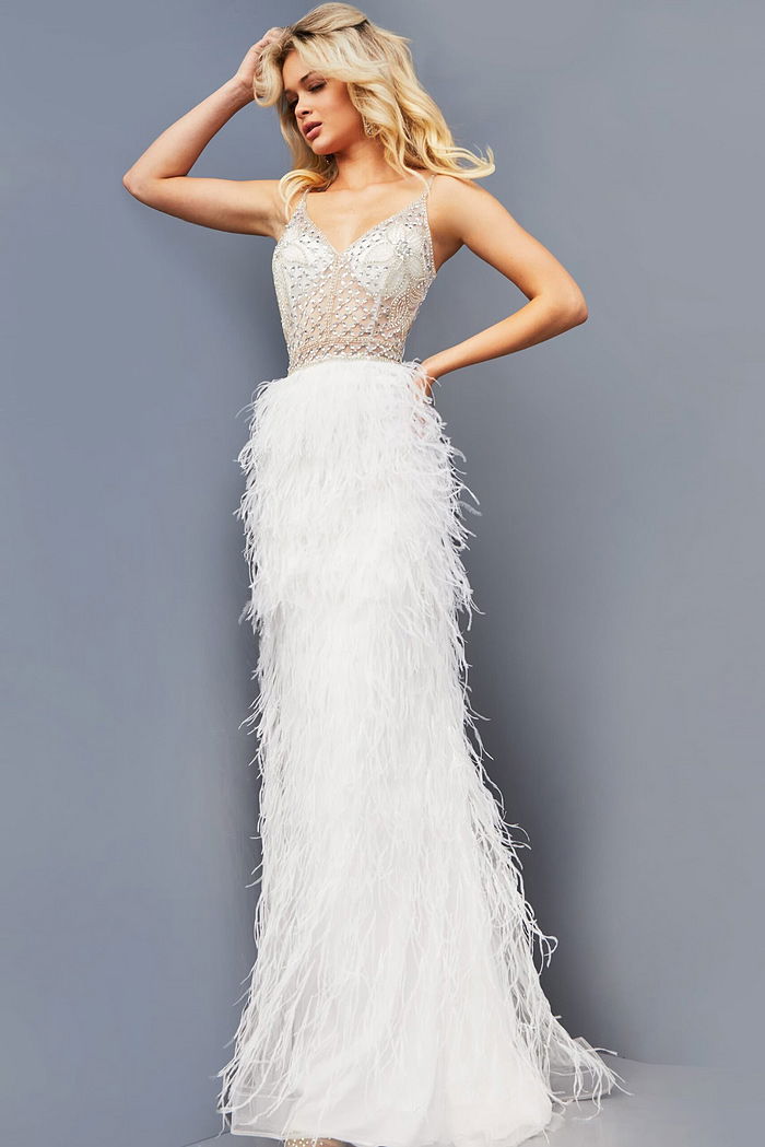 Jovani 08525 Off White Feather Skirt Long Formalwear Jovani