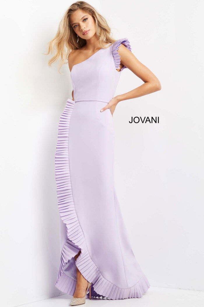 Jovani 08527 lilac dress with ruffles on a model, featuring a unique one-shoulder design