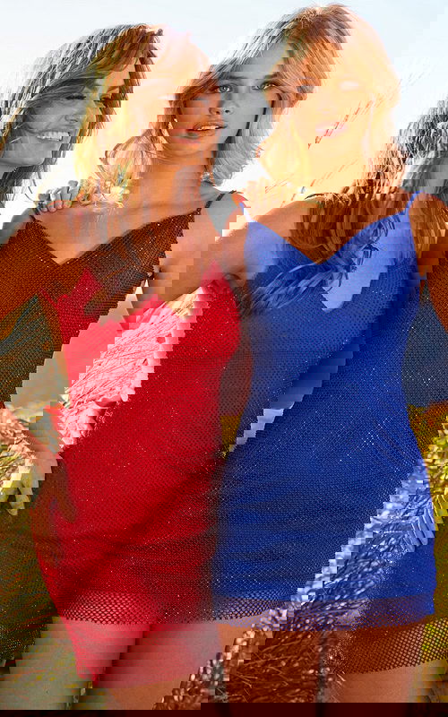 Models wearing Jovani 08530 dress in red and royal, front view