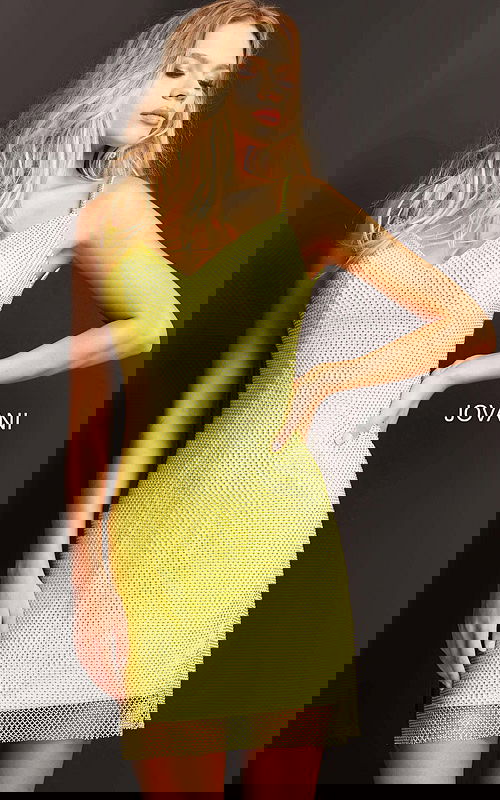 Model wearing Jovani 08530 yellow mini dress showcasing the V-neckline and texture