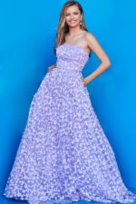 Model wearing Jovani 08536, lilac dress with floral details and strapless neckline, front view.