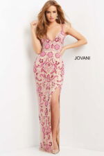 Model in Jovani 08546 nude dress with vibrant floral detailing.