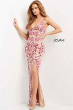 Model wearing Jovani 08546 nude dress, highlighting floral embroidery.