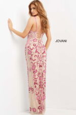 Jovani 08546 nude dress back view with elegant lace-up feature.