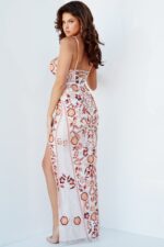 Back view of Jovani 08546 white dress with lace-up and slit.